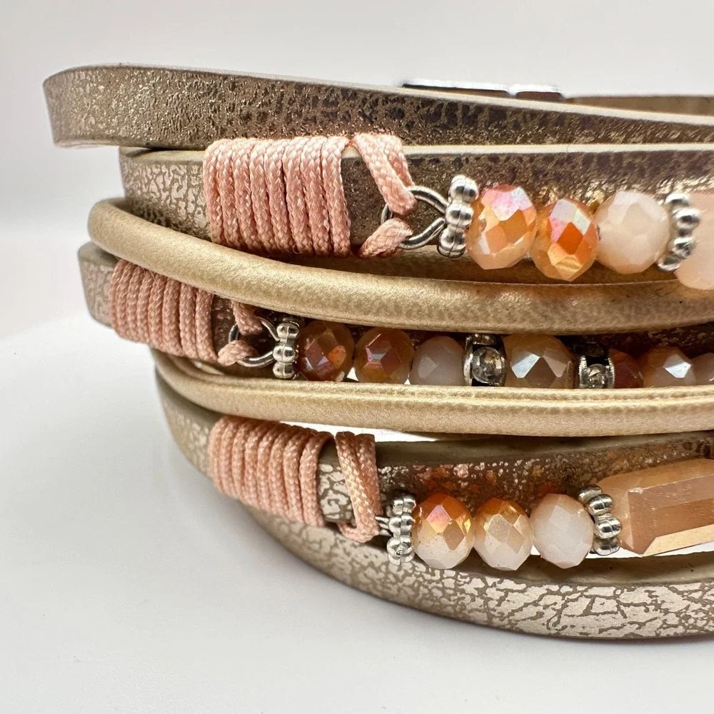 Vintage Y2K Boho Beaded Faux‎ Leather Multi Strand Cuff Bracelet Women's Jewelry